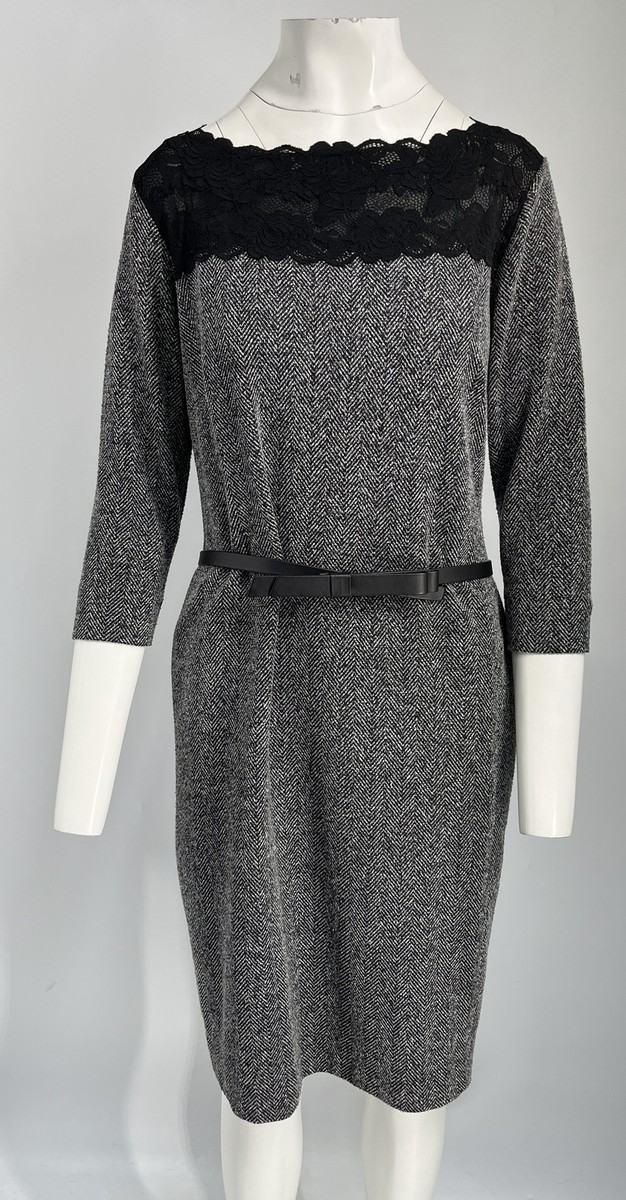 Escada ALTERED Gray/Black Herringbone Lace-Top 3/4 Sleeve Sheath