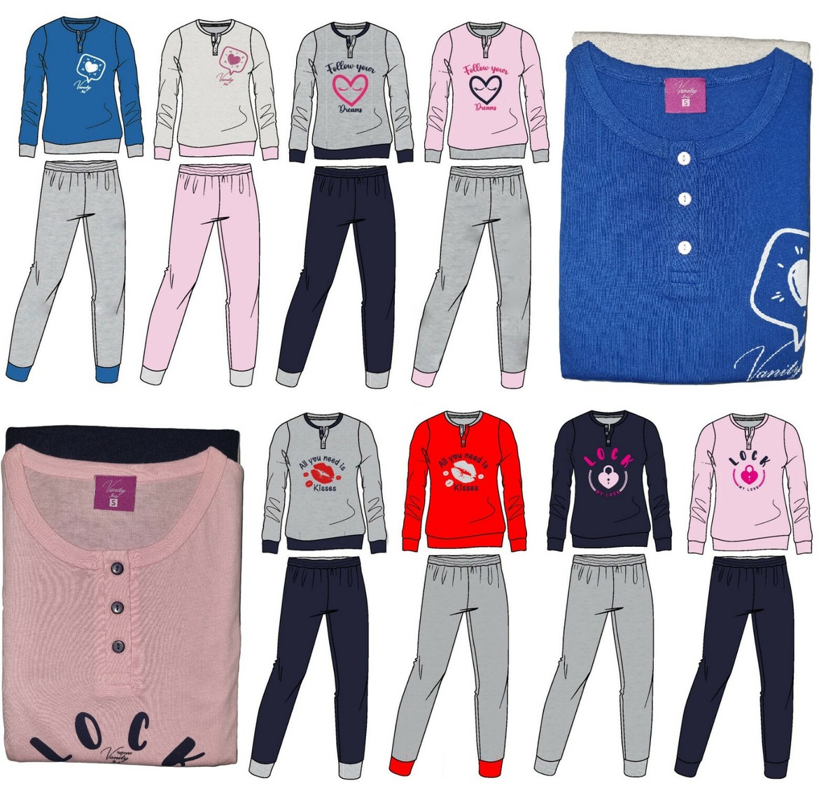 PIGIAMA DA DONNA 100% CALDO COTONE LUNGO MAGLIA E PANTALONE