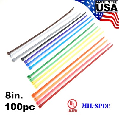Color Zip Cable Ties 8'' 40lbs 100pc Made in USA Nylon Wire Tie Wraps