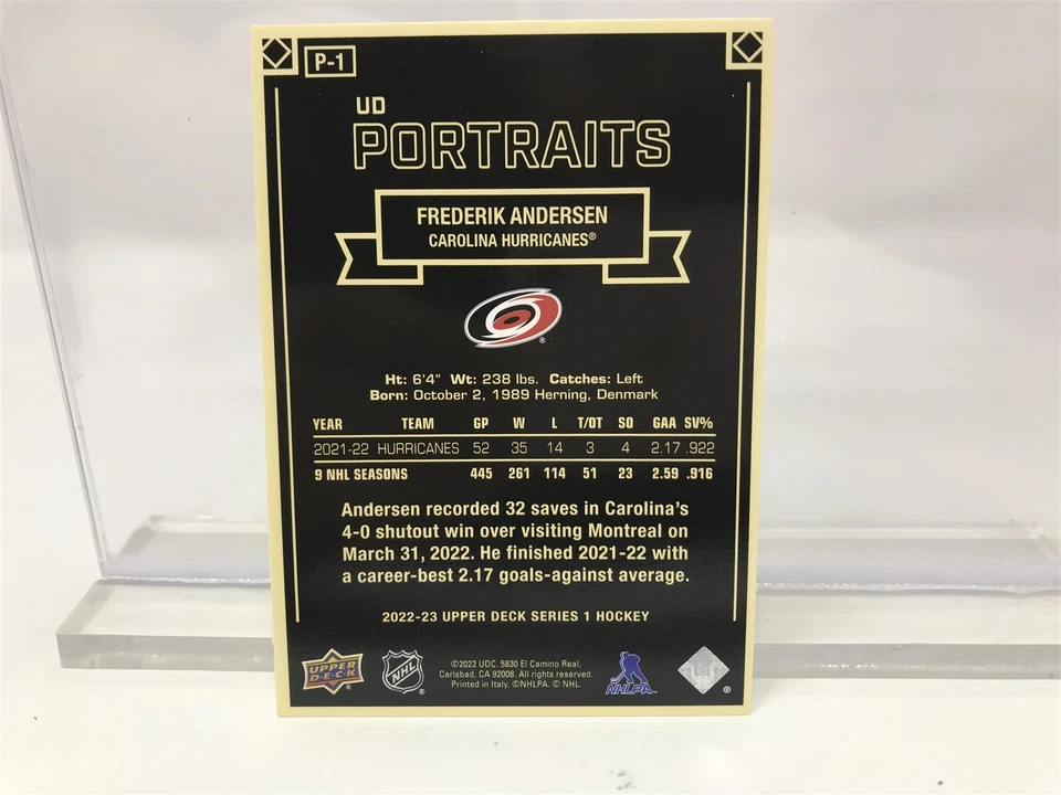 Frederik Andersen 2022-23 Upper Deck Series 1 UD Portraits #P-1 Carolina  - Image 2 of 2