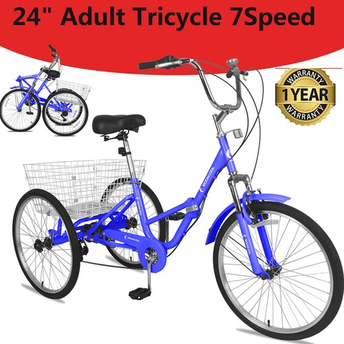 Adultos Triciclo Bicicleta 24" 3 Ruedas Trike cian de 7 velocidades con freno de Cesta + seguro eBay