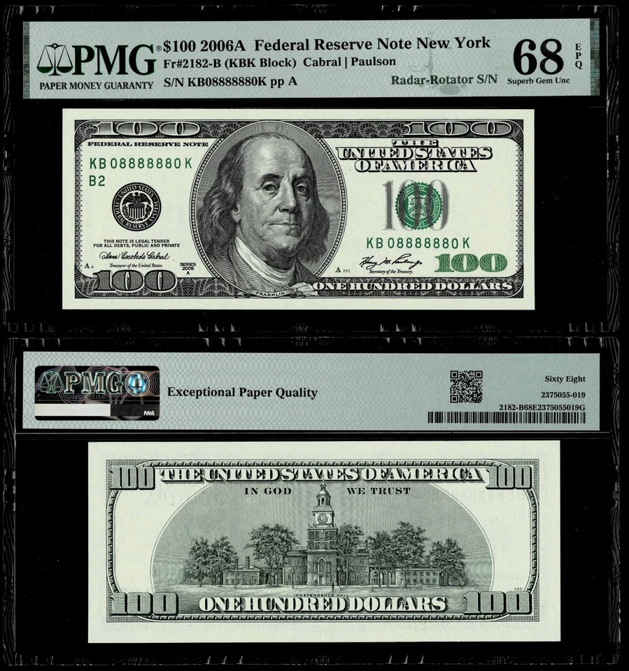 2006-A $100 FR Note  Radar-Rotator Serial# 08888880 PMG SUPERB GEM UNC 68 EPQ - Image 2 of 4