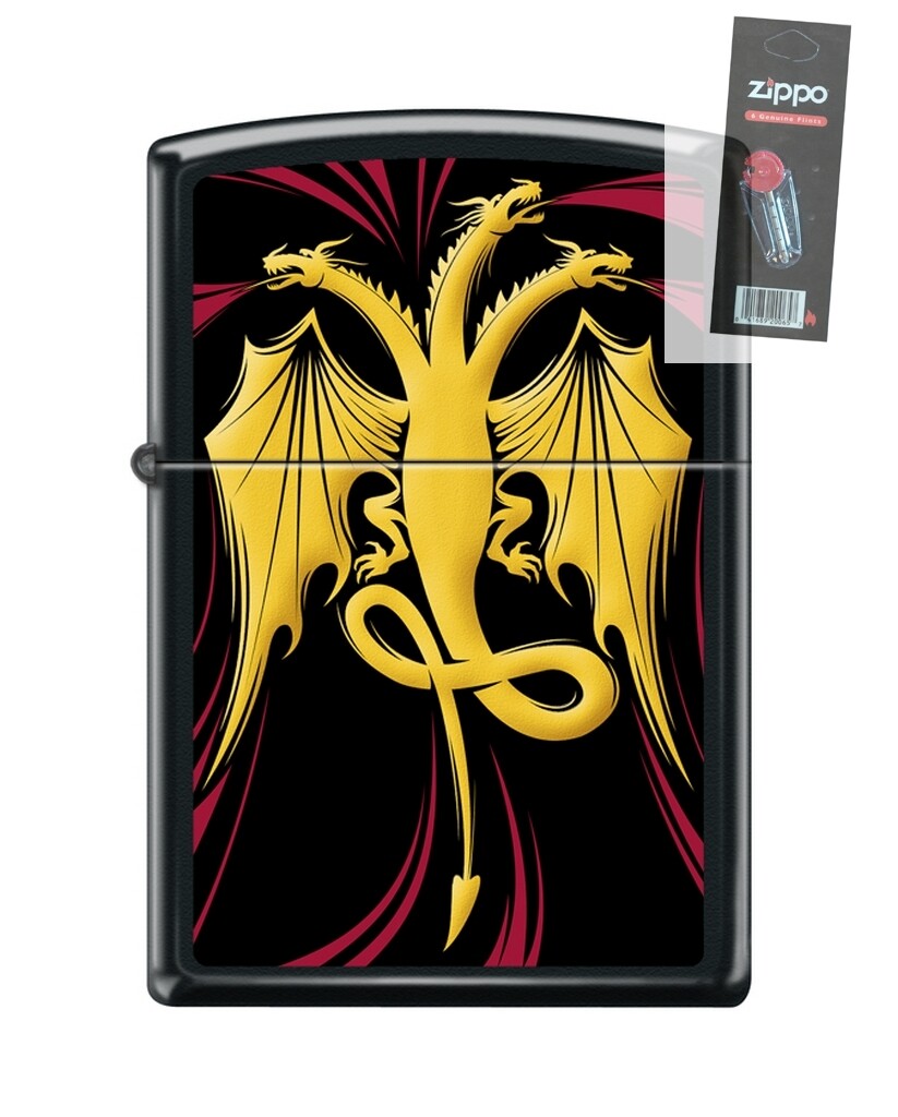 Zippo 79467 dragons three headed golden yellow Lighter + FLINT PACK