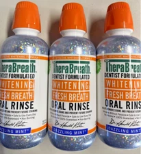 3 PK Therabreath Whitening Fresh Breath Oral Rinse Dazzling Mint 16 Oz Exp 09/26