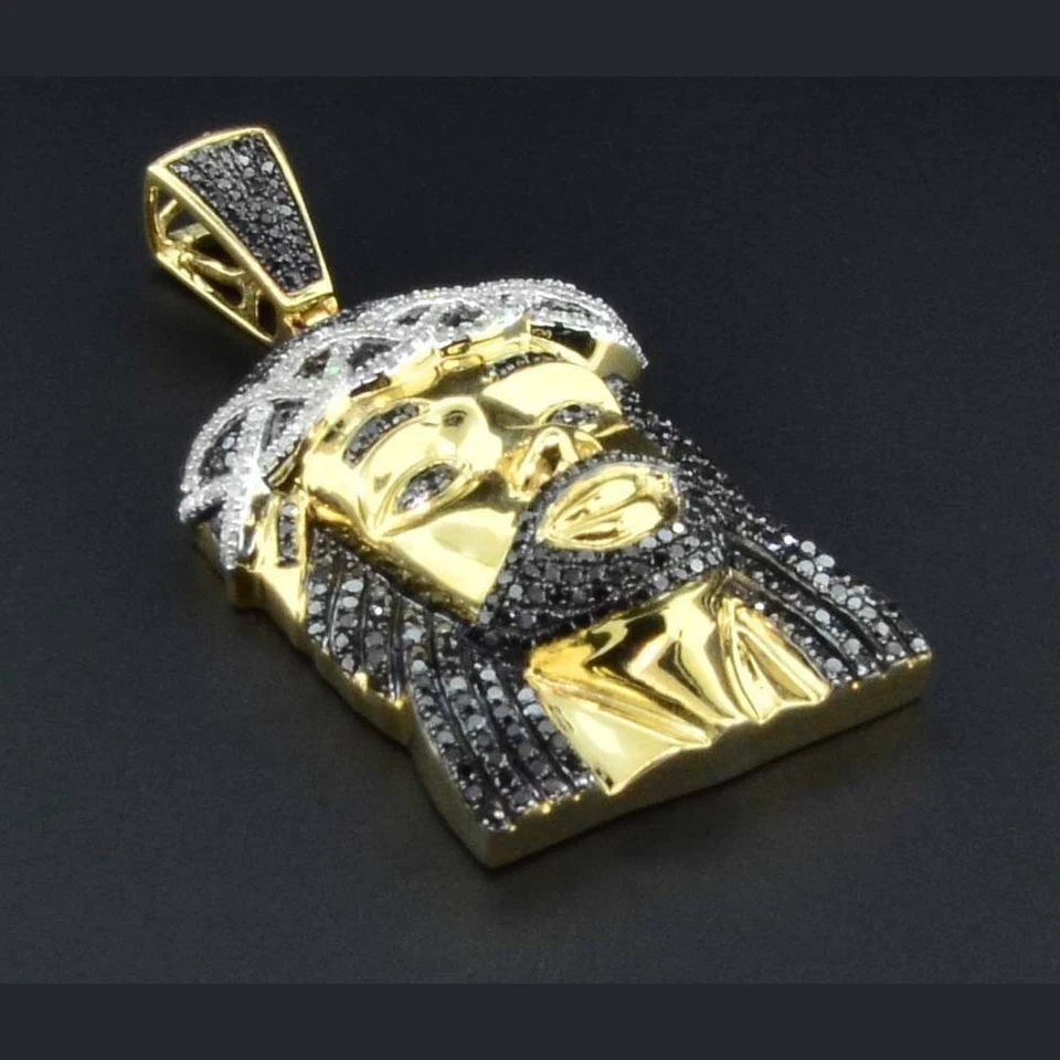 1.60 ct Black Spinel & Diamond 14K Yellow Gold Plated Jesus Face Mens Pendant 2" - Image 3 of 4