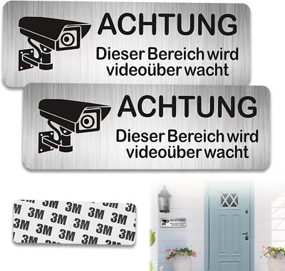 Alu Achtung Videoüberwachung Schild Privat Kameraüberwachung mit 3M Tape 85x30mm