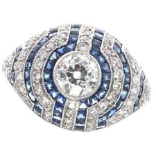 Art Deco Inspired Old European Cut Clear CZ  Blue Sapphire Engagement Dome Ring