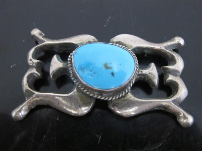 NATIVE American SANDCAST Sterling Silver TURQUOISE Buckle Style Brooch Pin
