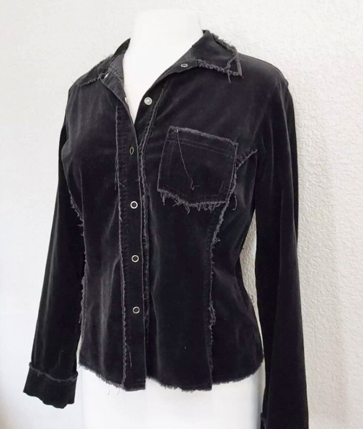 Women’s Picasso Fitted Black Stretch Corduroy Button Up Blouse Frayed Hems - Lrg