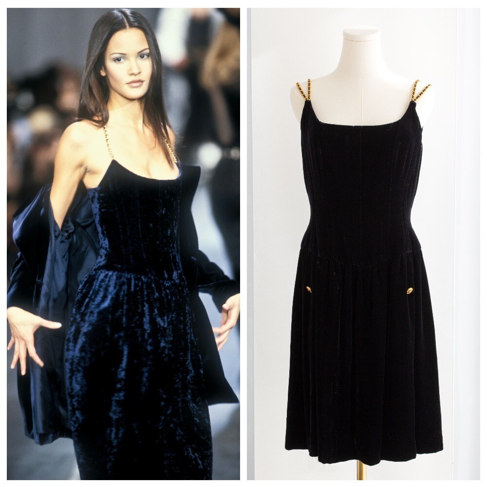 Chanel Vintage F/W 1993 Black Velvet Gold Chain Strap Corset Chanel Vintage F/W 1993 Black Velvet Gold Chain Strap Corset