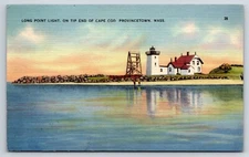 Long Point Light on Tip End of Cape Cod, Providence, Mass Vtg Linen Postcard