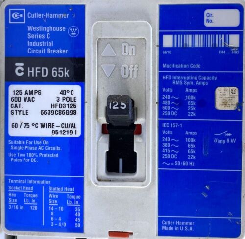 Martello Taglierina HFD3125 3P 125Amp 600V Interruttore con RELAZIONE DI PROVA (CHIP) - Foto 3 di 6