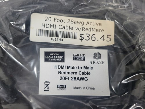 NOS - 20ft High Speed 4KX2K HDMI Male to Male Cable 28AWG w/Redmere - Picture 2 of 4