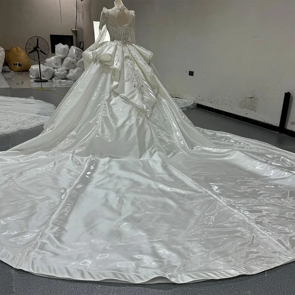 Роскошный бисером блестки свадебные платья атласный с оборками длинным рукавом свадебные платья * - Изображение 3 из 4