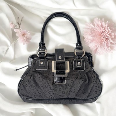 Y2K Guess Black Shoulder Bag Buckle Studded Patent Canvas Chic