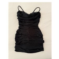 Windsor Black Ruched Lace Trim Spaghetti Strap Bodycon Mini Dress S