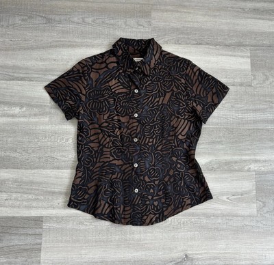 Caribbean Joe Floral Button Up Short Sleeve Shirt Brown & Black Women s Petite S