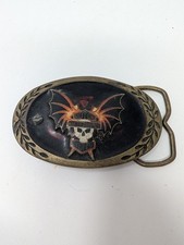 1980 Harley Davidson Aminco Belt Buckle Enamel Skull Bat Wings Red Swirl Vintage