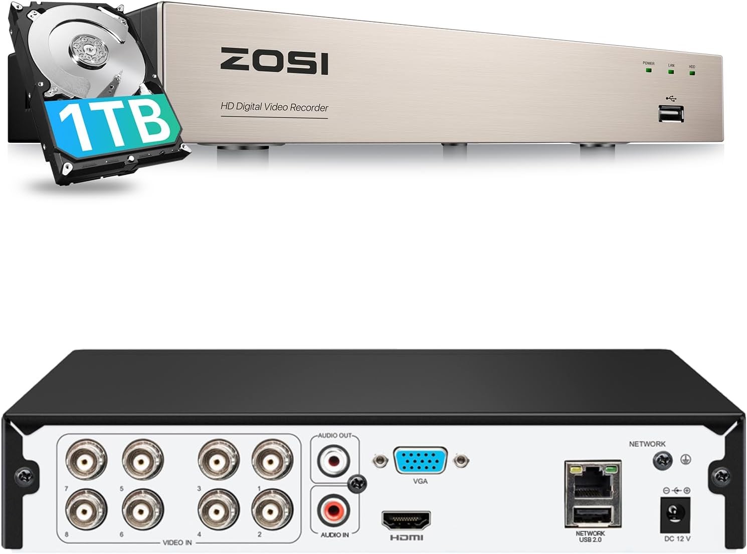 ZOSI 8CH H.265+ 1080P Surveillance DVR Recorder with 1TB Hard Drive Motion Dete