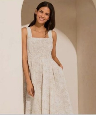  B2G1  Lands' End Square-Neck Midi Dress Beige Botanical Print Size 12 NWOT