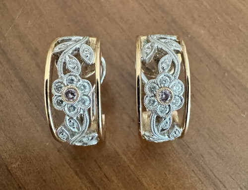 Simon G. Floral 18kt Tri Color Gold Diamond  Peirced Earrings