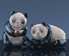 2 SWEET VINTAGE CHINESE FILIGREE SILVER ENAMEL RUBY EYE PANDA BEAR BROOCHES PINS