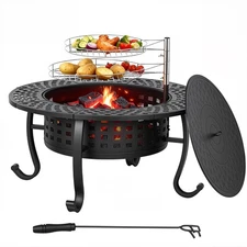 36 Inch Fire Pit with 2 Adjustable Grills, Wood Burning Outdoor Fire Pit w/ Lid
