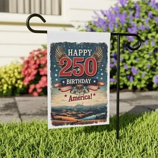 Patriotic Happy 250th Birthday America Yard Banner, Outdoor Decor, Garden Flag