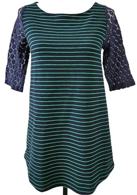 Postmark Anthropologie Lace Sleeve Striped Boho Green Navy Tunic Top Shirt Sz XS