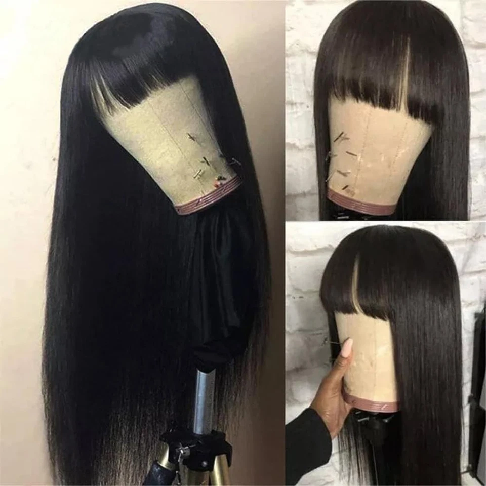 Straight Human Hair Wig with Bangs Brazilian Virgin None Lace Front Wig Glueless - Image 2 of 4