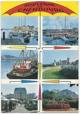 Cherbourg France, Vintage PC, Souvenir-6 Views with Umbrellas, 1973