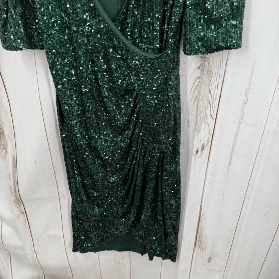 Calvin Klein Women’s 8 Green Sequin Faux Wrap Dress - Image 2 of 4