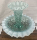 Vintage Fenton Art Glass Mini Epergne 4” x  4” Light Green Opalescent  2-Tiered