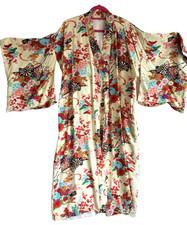 Woman's Japanese Kimono Pale Yellow with Red Floral Design Made in Japan Medium