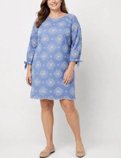 NEW Talbots Eyelet Embroidered Shift Dress Sz 16 Blue Cotton Scalloped Hem $179