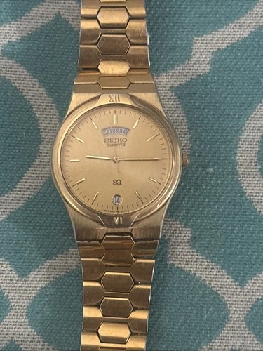 Vintage Seiko SQ Watch 33mm Gold Dial Full Day Date Stainless Steel New Battery