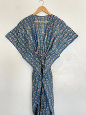 Indian Blue Floral Handmade Cotton Kaftan Maxi Dress Women's Clothing Gown US