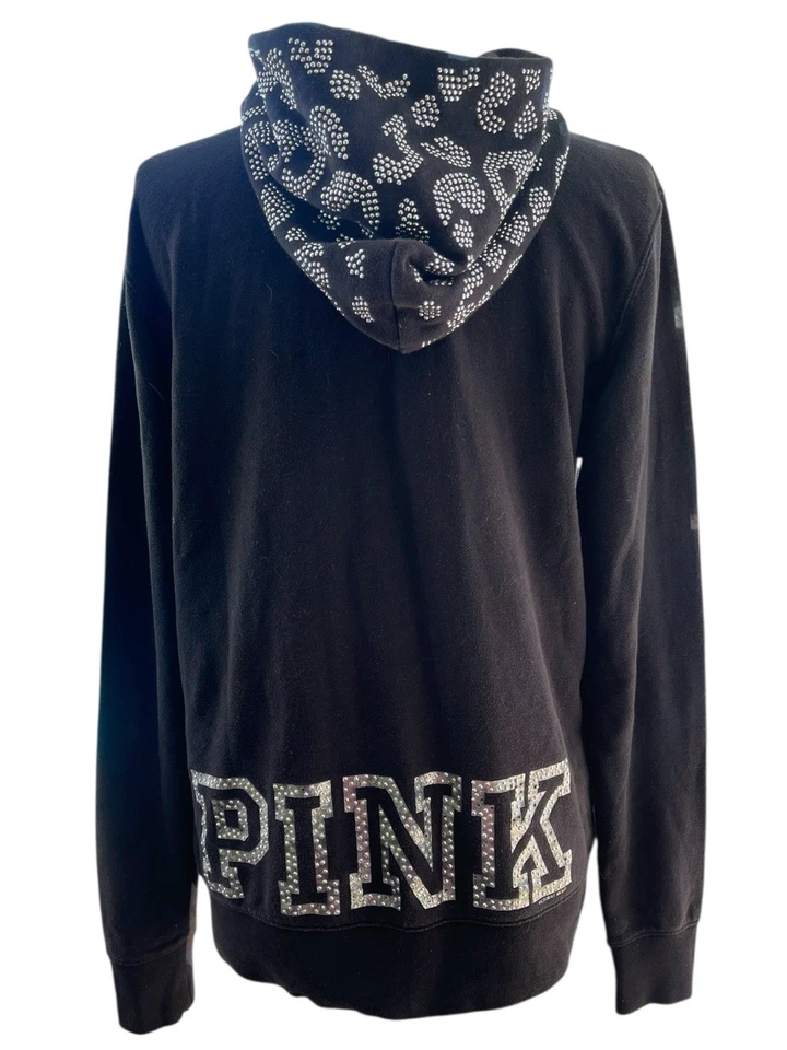 De Colección Y2K Victoria’s Secret ROSA Leopardo Bling Negro Cremallera Completa Sudadera con Capucha Lg Foto 2 de 4