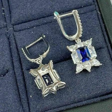 3Ct Emerald Cut Simulated Sapphire Drop Clip On Earring In 14K White Gold Plated