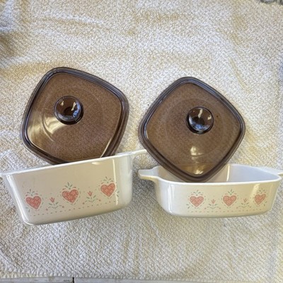 Set CorningWare Heart Pattern Square Ceramic Casserole Dish White W/Lid Handle