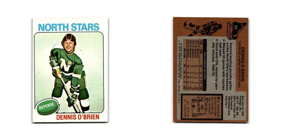 1975 Topps Dennis O'Brien Minnesota North Stars #53 - Image 3 of 3