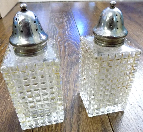 Vtg Salt & Pepper Shakers set Crystal Brilliant Cut Silverplate England 6" w lid
