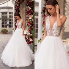 Boho A-Line Wedding Dresses V-Neck Sleeveless Lace Appliques White Bridal Gowns