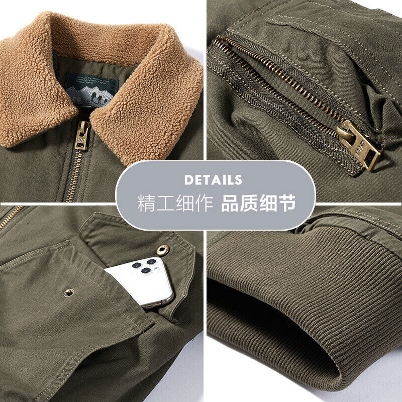 Winter Men's Wool Fleece Jacket Casual Cotton Bomber Coat Khaki Thermal Warm Windbreaker for Male