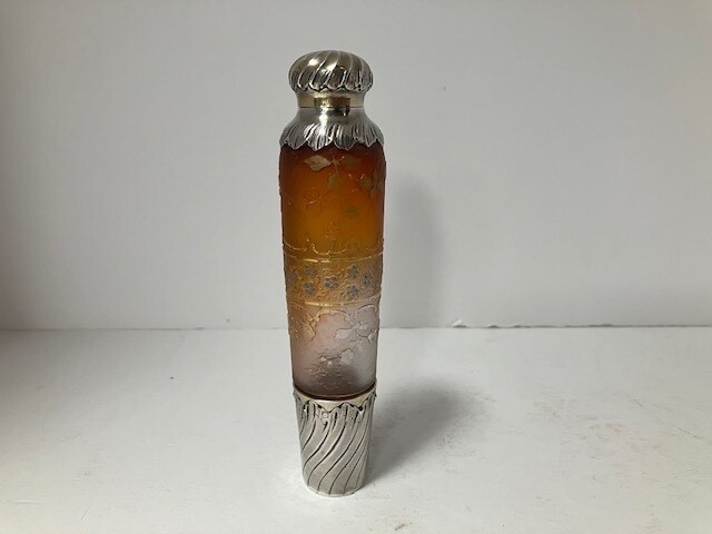 Daum Nancy cameo enamel glass lay down perfume bottle. Sterling