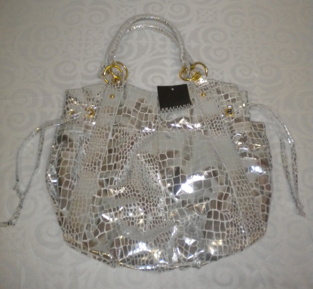 BRACIANO SILVER FAUX LIZARD MED TO LARGE PURSE LOTS POCKETS & ZIPPERS