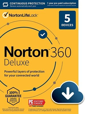 Dispositivo Norton 360 Deluxe 2026 5 para 12 meses clave enviada por correo electrónico UE REINO UNIDO - 5 minutos de entrega