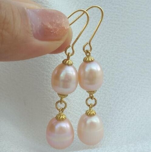 Natural Cultured Baroque Pearl Earrings 18K Gold Ear Drop Dangle Pink - Picture 4 of 4