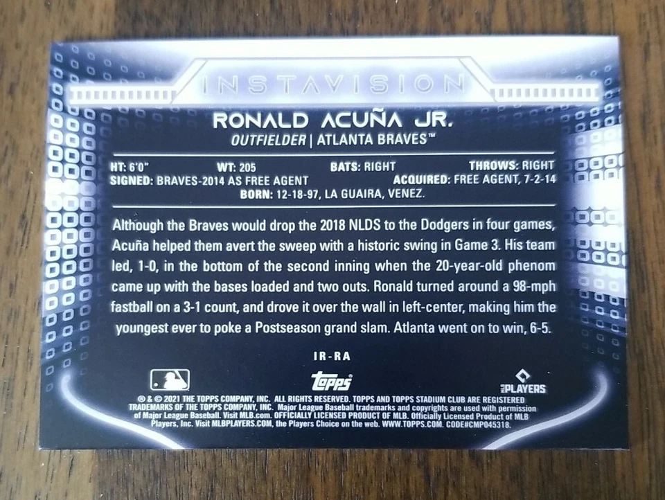 2021 Topps Stadium Club Ronald Acuna Jr. Instavision Insert Card #IR-RA New Rare - Image 2 of 2