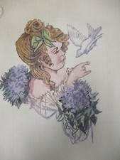 Handpainted Needlepoint Canvas Victorian Girl w/ Bird Flowers